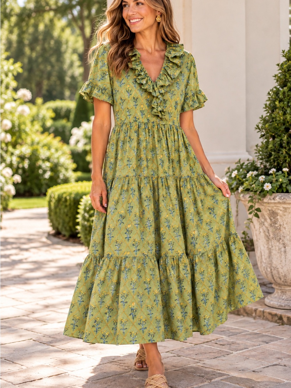 Victoria Dunn Green Botanical Floral Ruffle Maxi Dress